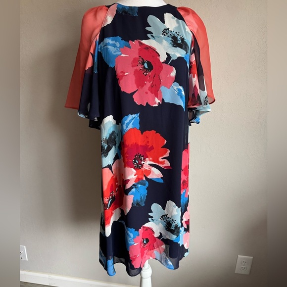 Vince Camuto Navy and Orange Flowers Sheer Flutter Mini Sheath Dress Women’s 8 - Picture 1 of 6